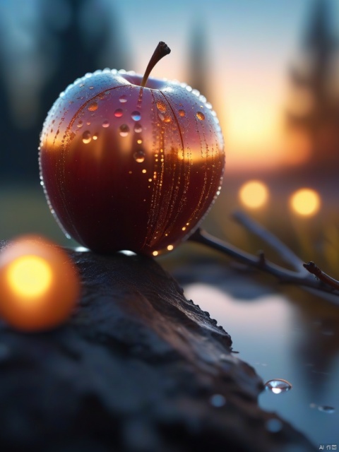  a delicate apple made of opal hung on branch in the early morning light, adorned with glistening dewdrops. in the background beautiful valleys, divine iridescent glowing, opalescent textures, volumetric light, ethereal, sparkling, light inside body, bioluminescence, studio photo, highly detailed, sharp focus

dramatic,Backlighting,soft contrast,cinematic,hyperdetailed photography,texture,fog,vignette,black and brown color palete,particles,water reflection,depth of field,bokeh,85mm 1.4,rain,sunset,(facing camera:1.1),ray tracing,shadows,ultra sharp,metal,((cold colors)),Epic CG masterpiece,(3D rendering),facing camera,ultra high resolution,(masterpiece),(best quality),(super detailed),(extremely delicate and beautiful),cinematic light,detailed environment,(real),(ultra realistic details:1.5),glass-like sparkling eyes are blurry and dreamy,(muscle tone and definition),(finely detailed features),stunning colors,cinematic lighting effects,super wide Angle,light particles,light particle art,glowing,dynamic poses,surreal,futurism,concept art,exquisite facial features,super delicate face,designed by greg manchess,smoke,trending on art station,photoreal,8 k,octane render by greg rutkowski,art by Carne Griffiths and Wadim Kashin,in the style of Dau-al-Set,Pollock,and inspired by MAPPA and Zdzislaw Beksinski,
