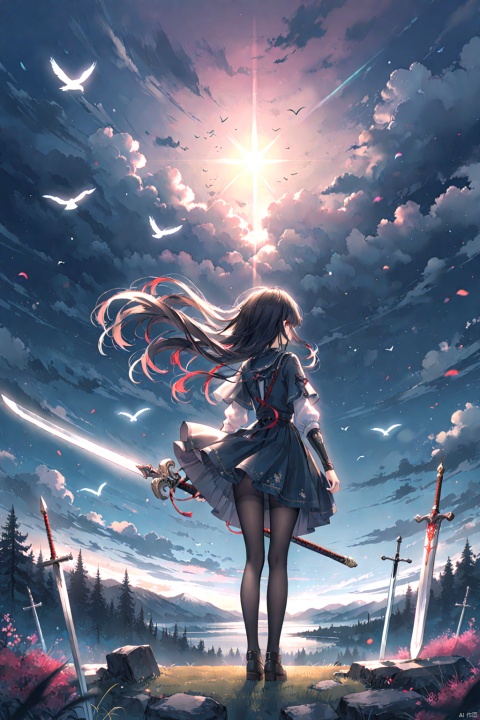  masterpiece,best quality,high quality,(colorful),[Artist onineko],[Artist chen bin],[Artist agwing86],Artist xukong, 1girl, scenery, weapon, long hair, solo, planted, sky, cloud, sword, bird, cloudy sky, outdoors, skirt, pantyhose, planted sword, from behind, black hair