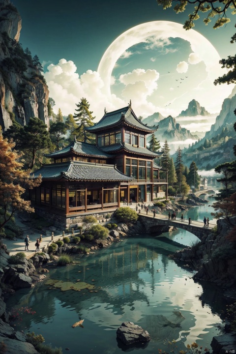  The dark night scene,Wall mural style with gold-colored paint,Scenery of the water towns,Huizhou-style architecture,trees,houses,mountains,clouds,moonlight,river,reflection,arch bridge,steps,pavilion,moss,rocks,cloud,fog,
