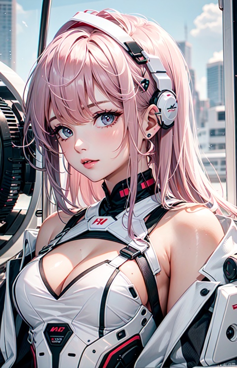 1 girl, cleavage pattern, white machine. pink hair, bare shoulders, machine,high quality,