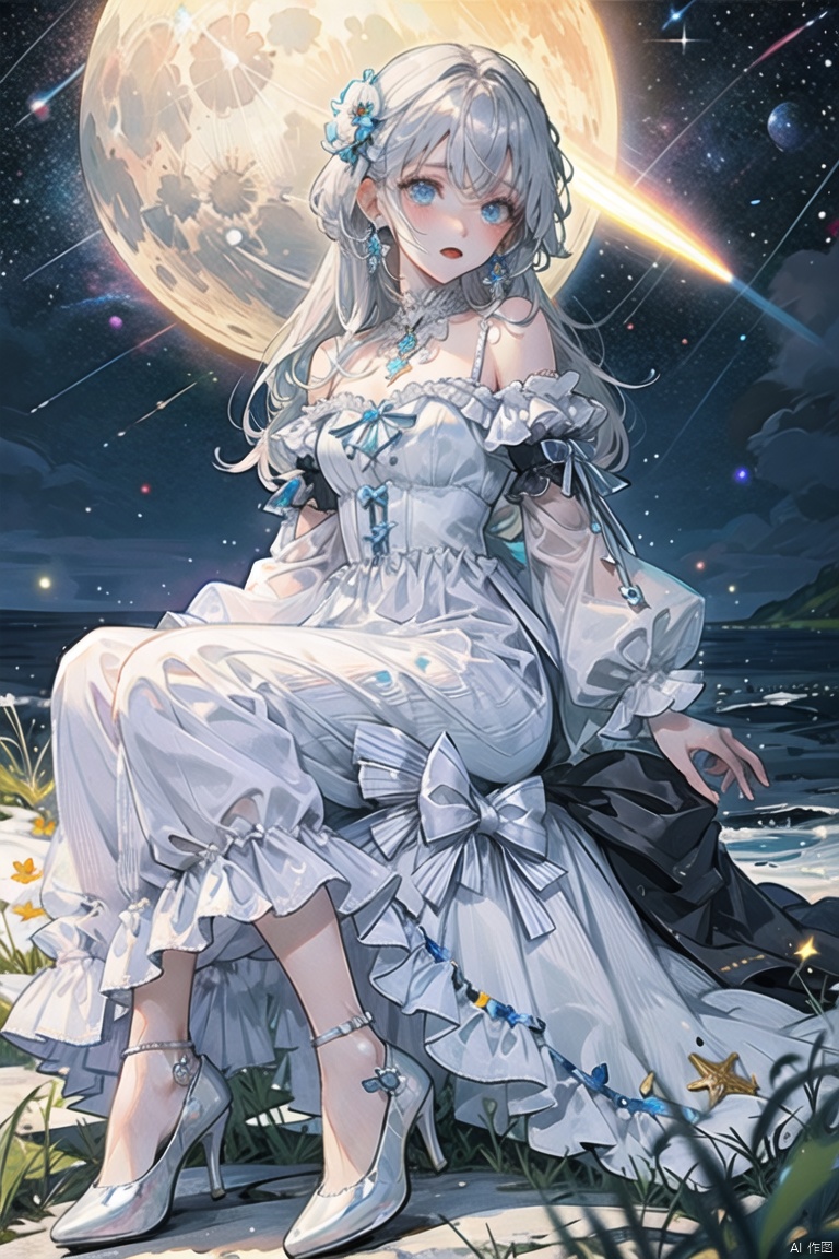  girl, seaside, blue eyes, long white dress, hair accessories, high heels, long hair, moon, night, night sky, open mouth, white hair, shoes, meteor, skirt, solo, space, star 