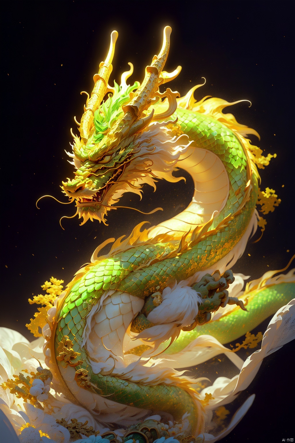  Gold and green, a Chinese dragon, jade of China, in deep white and gold and light green styles, layered fiber, organic carving, focus stack, (\shi shi ru yi\), Chinese dragon, 1Man