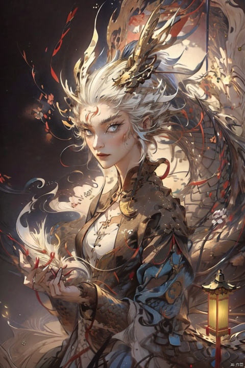  nai3,1girl,white hair,blue eyes,hair flowers,chinese clothes, eastern dragon,chinese new year,lantern