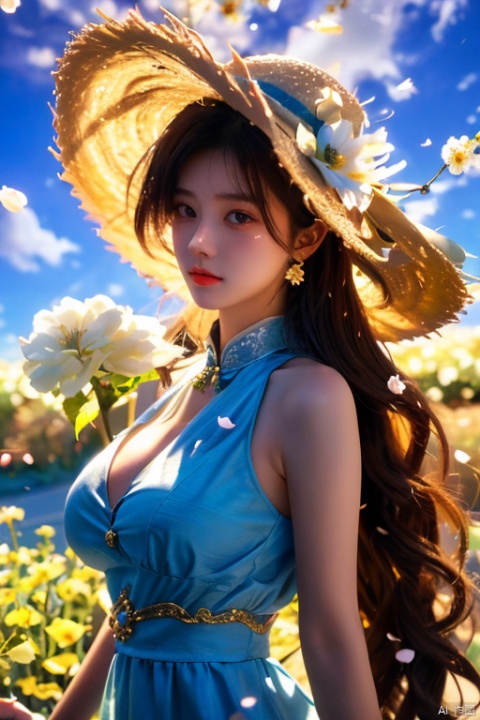  masterpiece, 1 girl, 18 years old, Look at me, long_hair, straw_hat, Wreath, petals, Big breasts, Light blue sky, Clouds, hat_flower, jewelry, Stand, outdoors, Garden, falling_petals, White dress, ajkds, textured skin, super detail, best quality, (\meng ze\)