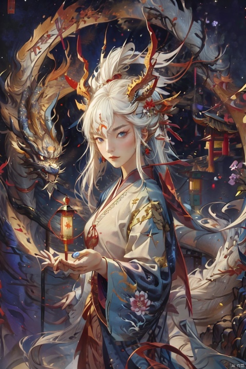 nai3,1girl,white hair,blue eyes,hair flowers,chinese clothes, eastern dragon,chinese new year,lantern