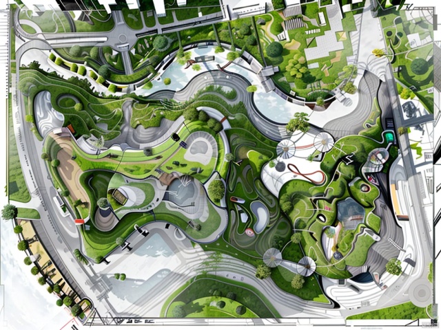  Top view,general drawing,masterplan,water,tree,丝路10, Top view,green land，road