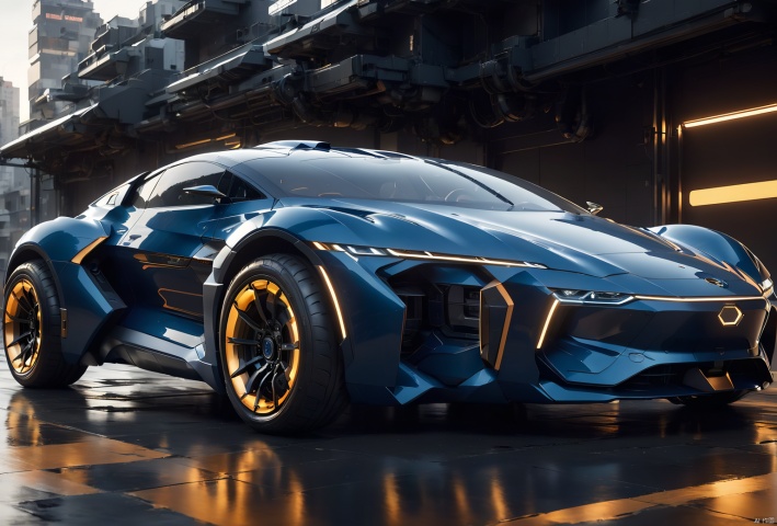 Simplicity, cinematic, dark blue electric car, side view, all doors open, white technology inspired interior visible, amber circular lights half a meter above the roof, sci-fi style, product render, mechanical,Mecha, Mech Combat Vehicle