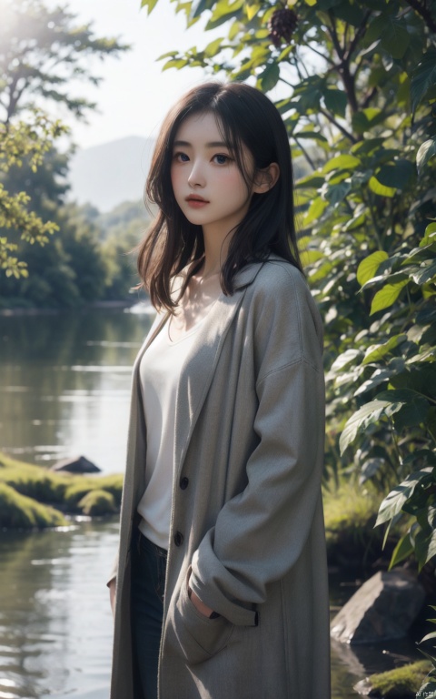 open overcoat,naked inside,In a quiet forest,Sunlight shines on the lake through the dense foliage,Form mottled shadows,A gentle goddess stands by the lake,A gentle goddess stands by the lake, 1girl