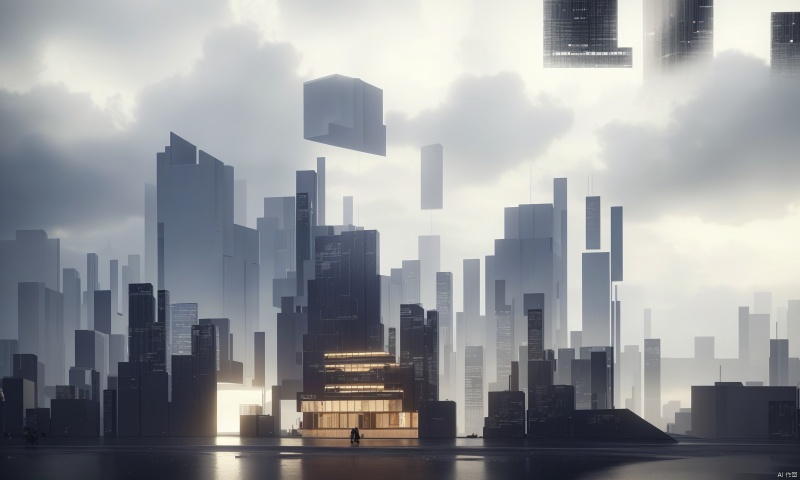  building ,Commercial,square,terrace,reflection,rainny,rain, humidity,((masterpiece)), (cyberpunk1.3),high las ((best quality:1.4)),(ultra-high resolution:1.2),(realistic:1.4),(8k:1.2),nsanely detailed,buildings,architecture,interior light,landscape, art artarchitecture,blue sky