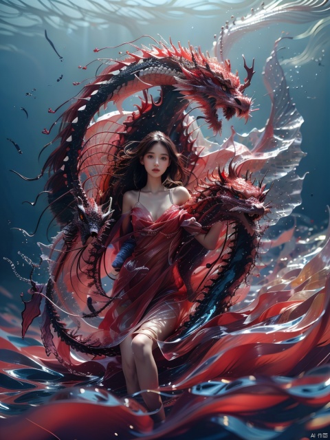  water，Highest picture quality，1 girl and dragon