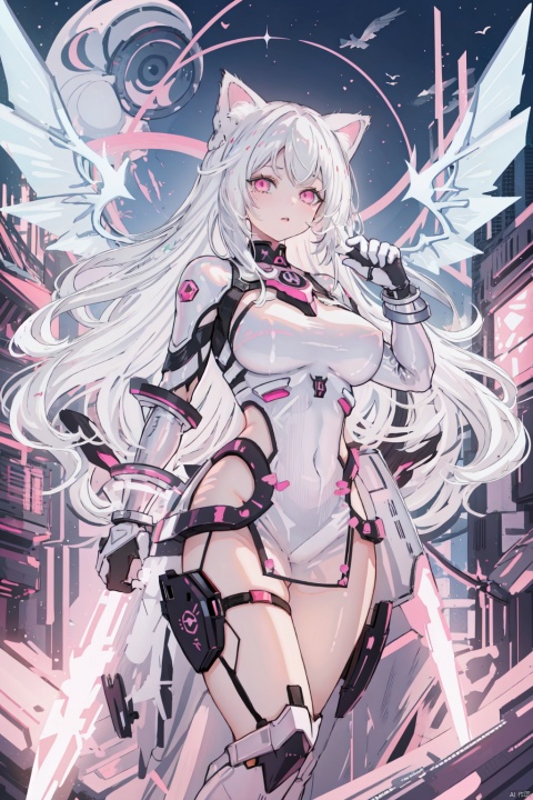 1girl,  long hair, lips ,white hair,,(big breasts), looking at viewer ,solo ,half body ,naked,nsfw,cat ear,fly,sky,nappls,wings, Dragon ear, Pink Mecha, apocalypse