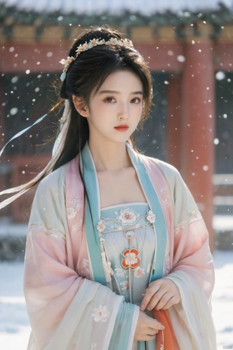  arien_hanfu,1girl,(Masterpiece:1.2), best quality, arien_hanfu,1girl, (falling_snow:1.3), looking_at_viewer,(big breasts:1.88), (plump breasts:1.7),(Tube top Hanfu:1.2),hand101,full body, 1girl
In this masterpiece artwork of the highest quality (Masterpiece version 1.2), an Arien woman dressed in a modernized hanfu style featuring a tube top design (Tube top Hanfu: 1.2) is depicted (arien_hanfu, 1girl). Against a backdrop of falling snowflakes (falling_snow: 1.3), she gazes directly at the viewer (looking_at_viewer), creating a distinct and profound sense of engagement.

The female figure in the painting possesses generously proportioned attributes, characterized by larger-than-average breasts (big breasts: 1.88) and plumpness (plump breasts: 1.7), which harmoniously complement her form-fitting upper garment in traditional Chinese attire.

The composition presents a full-body portrait (full body), with intricate attention given to the detail of the woman's hands identified as hand101, adding a layer of lifelike authenticity and artistic expression to the scene.

Overall, this work skillfully captures and portrays a voluptuous woman in a contemporary-styled hanfu within a snowy setting, successfully merging classical elements with modern fashion sensibilities, and offering high artistic appreciation value., yaya