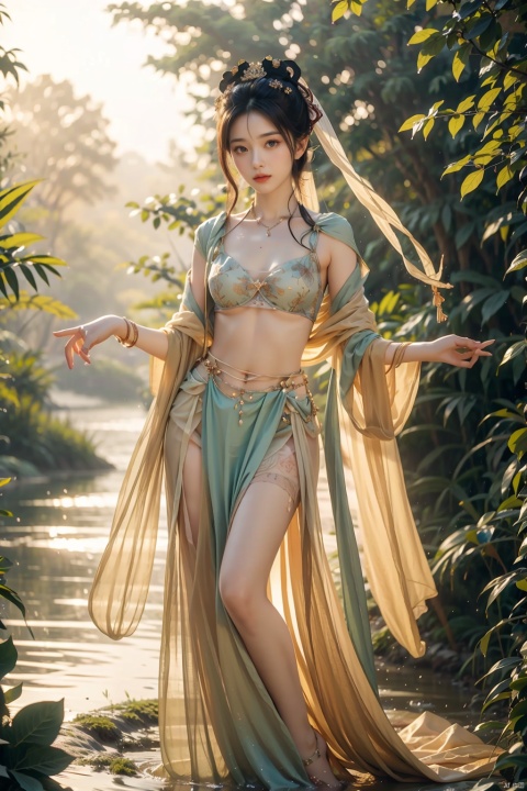 1girl,opensling,dunhuang,敦煌背景,navel,dance,wind,mural,naked, (masterpiece, best quality:1.2), open overcoat,（naked）,In a quiet forest,Sunlight shines on the lake through the dense foliage,Form mottled shadows,A gentle goddess stands by the lake,A gentle goddess stands by the lake, 1girl,1girl,solo,long legs,looking at viewer