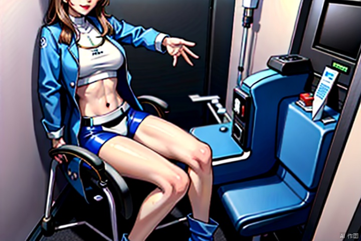 Solo, 1 Girl, Sitting, Legs Stretching into Blue Machine, Hospital, Technology, Elegant Clothing, Magic