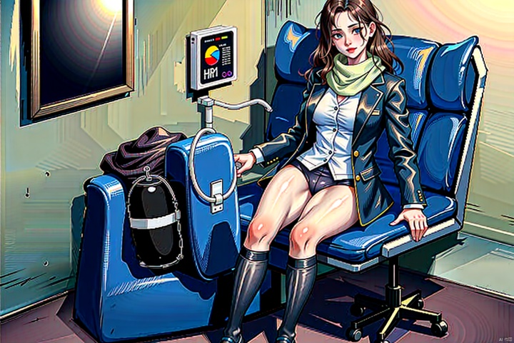  Solo, 1 girl, sitting, male focus, chair, fluffy scarf, black suit, hospital, technology, elegant clothing