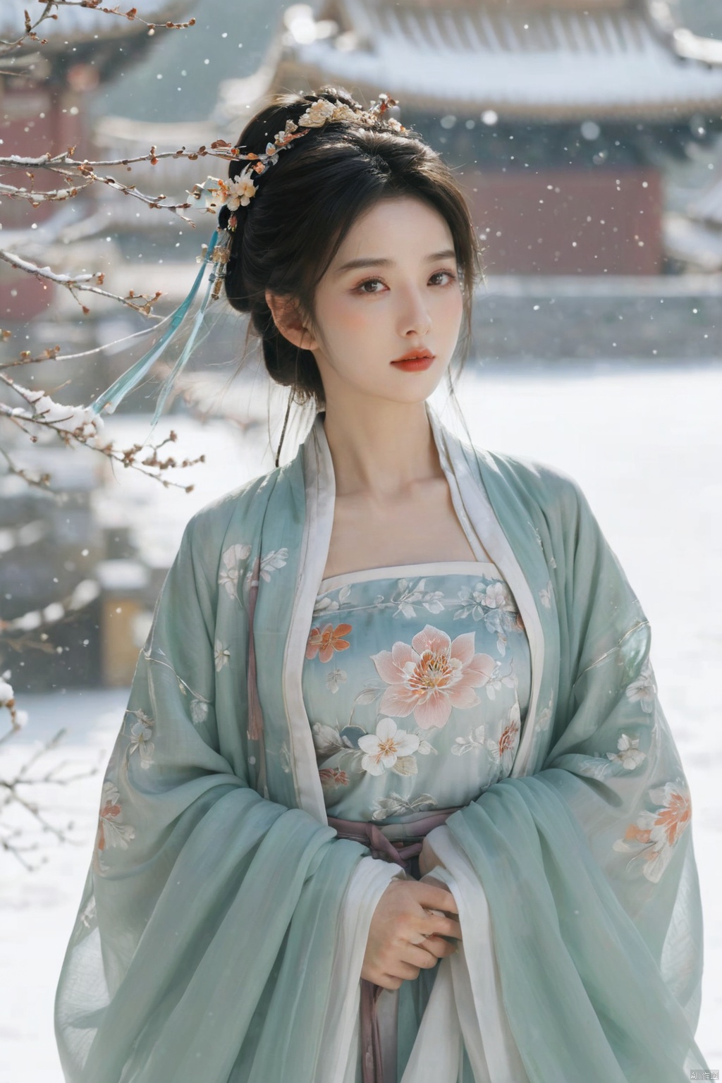  arien_hanfu,1girl,(Masterpiece:1.2), best quality, arien_hanfu,1girl, (falling_snow:1.3), looking_at_viewer,(big breasts:1.88), (plump breasts:1.7),(Tube top Hanfu:1.2),hand101,full body, 1girl
In this masterpiece artwork of the highest quality (Masterpiece version 1.2), an Arien woman dressed in a modernized hanfu style featuring a tube top design (Tube top Hanfu: 1.2) is depicted (arien_hanfu, 1girl). Against a backdrop of falling snowflakes (falling_snow: 1.3), she gazes directly at the viewer (looking_at_viewer), creating a distinct and profound sense of engagement.

The female figure in the painting possesses generously proportioned attributes, characterized by larger-than-average breasts (big breasts: 1.88) and plumpness (plump breasts: 1.7), which harmoniously complement her form-fitting upper garment in traditional Chinese attire.

The composition presents a full-body portrait (full body), with intricate attention given to the detail of the woman's hands identified as hand101, adding a layer of lifelike authenticity and artistic expression to the scene.

Overall, this work skillfully captures and portrays a voluptuous woman in a contemporary-styled hanfu within a snowy setting, successfully merging classical elements with modern fashion sensibilities, and offering high artistic appreciation value., yaya