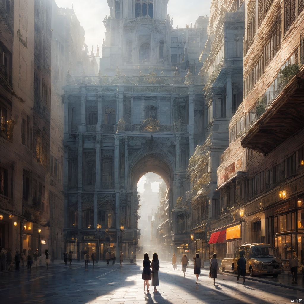  1 girl, realistic, masterpiece, best quality, cinematic, dynamic lighting, natural shadow, ray tracing, volumetric lighting, highest detail, professional photography, detailed background,insane details, intricate, aesthetic,detailed matte painting,fantastic and intricate details,Bright color tones,Sunny Weather,fantasy concept art,8k resolution trending on Artstation Unreal Engine,medieval city,Compact architecture,Many people,Multiple buildings, castle, ananmo, modern architecture