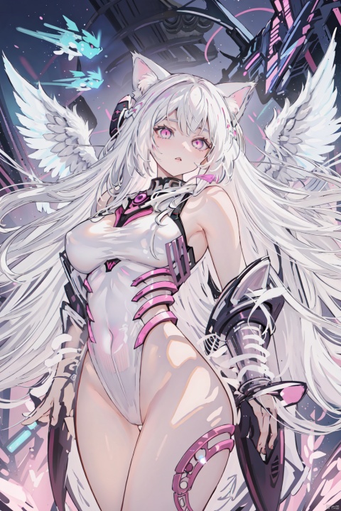 1girl,  long hair, lips ,white hair,,(big breasts), looking at viewer ,solo ,half body ,naked,nsfw,cat ear,fly,sky,nappls,wings, Dragon ear, Pink Mecha, apocalypse