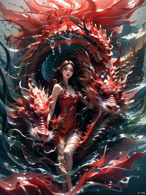  water，Highest picture quality，1 girl and dragon