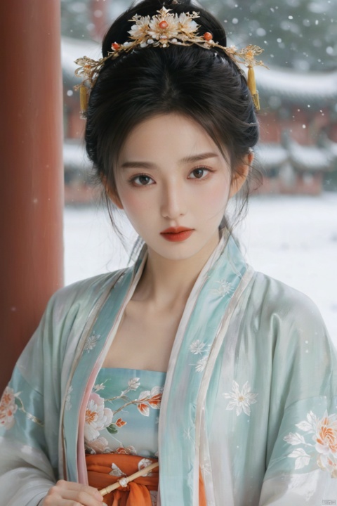  arien_hanfu,1girl,(Masterpiece:1.2), best quality, arien_hanfu,1girl, (falling_snow:1.3), looking_at_viewer,(big breasts:1.88), (plump breasts:1.7),(Tube top Hanfu:1.2),hand101,full body, 1girl
In this masterpiece artwork of the highest quality (Masterpiece version 1.2), an Arien woman dressed in a modernized hanfu style featuring a tube top design (Tube top Hanfu: 1.2) is depicted (arien_hanfu, 1girl). Against a backdrop of falling snowflakes (falling_snow: 1.3), she gazes directly at the viewer (looking_at_viewer), creating a distinct and profound sense of engagement.

The female figure in the painting possesses generously proportioned attributes, characterized by larger-than-average breasts (big breasts: 1.88) and plumpness (plump breasts: 1.7), which harmoniously complement her form-fitting upper garment in traditional Chinese attire.

The composition presents a full-body portrait (full body), with intricate attention given to the detail of the woman's hands identified as hand101, adding a layer of lifelike authenticity and artistic expression to the scene.

Overall, this work skillfully captures and portrays a voluptuous woman in a contemporary-styled hanfu within a snowy setting, successfully merging classical elements with modern fashion sensibilities, and offering high artistic appreciation value., yaya
