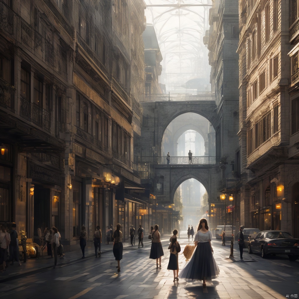 1 girl, realistic, masterpiece, best quality, cinematic, dynamic lighting, natural shadow, ray tracing, volumetric lighting, highest detail, professional photography, detailed background,insane details, intricate, aesthetic,detailed matte painting,fantastic and intricate details,Bright color tones,Sunny Weather,fantasy concept art,8k resolution trending on Artstation Unreal Engine,medieval city,Compact architecture,Many people,Multiple buildings, castle, ananmo, modern architecture