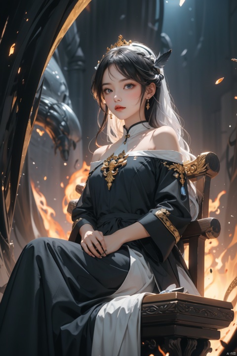 (((masterpiece))),best quality, illustration,(beautiful detailed girl), a girl ,solo,bare shoulders,flat_chst,diamond and glaring eyes,beautiful detailed cold face,very long blue and sliver hair,floaing black feathers,wavy hair,black and white sleeves,gold and sliver fringes,a (blackhole) behind the girl,a silver triple crown inlaid with obsidian,(sit) on the black ((throne)), (depth) of (field), Xiaolan, nezha, 372089