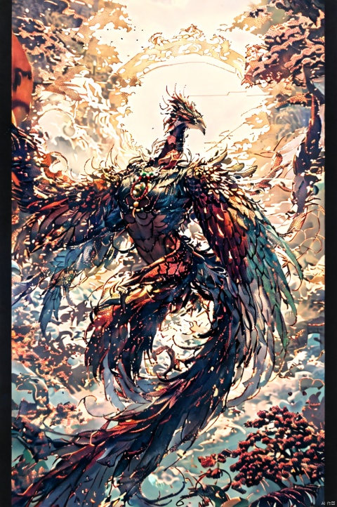  best quality，masterpiece，This 75 meters tall, wearing green armor of the emperor dragon, head like majesty, eyes with shining dragon beads, necklace like colorful beads, abdomen like Shen, holding a sharp blade, it looks like a graceful body. It is like a secular dragon. There is a pair of wings of a laser linnet phoenix behind its shoulders. It has extremely high internal power when fighting, like a Chinese dragon in human form. Its wings are shining