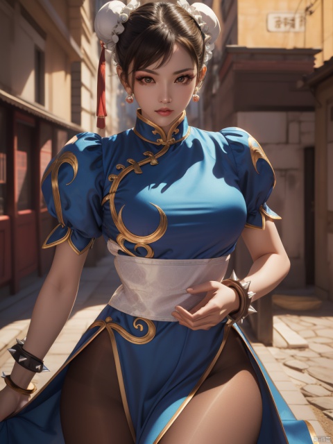 chunli,(brown eyes),brown hair,(bun cover),double bun,eyeliner,hair bun,lipstick,makeup,pink lips BREAK blue dress,boots,bracelet,brown pantyhose,china dress,chinese clothes,cross-laced footwear,dress,gold trim,jewelry,pantyhose,pelvic curtain,puffy sleeves,sash,short sleeves,side slit,spiked bracelet,spikes,white footwear,looking at viewer,upper_body,outdoors,(masterpiece:1.2),high resolution,unity 8k wallpaper,(beautiful detailed eyes:1.2),extremely detailed face,perfect lighting,extremely detailed CG,(perfect hands, perfect anatomy),(illustration:0.8),best quality , chun li