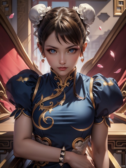  1gril,(solo:1.2),chunli,(brown eyes),brown hair,(bun cover),double bun,eyeliner,hair bun,lipstick,makeup,pink lips BREAK blue dress,boots,bracelet,brown pantyhose,china dress,chinese clothes,cross-laced footwear,dress,gold trim,jewelry,pelvic curtain,puffy sleeves,sash,short sleeves,side slit,spiked bracelet,spikes,white boots,(looking at viewer:1.2),outdoors,fighting_stance,upper body,
(masterpiece:1.2),high resolution,unity 8k wallpaper,(beautiful detailed eyes:1.2),perfect lighting,extremely detailed CG,(perfect hands, perfect anatomy),(illustration:0.8),best quality,(detailed face:1.2),(Petals_flying)