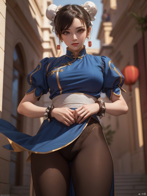 chunli,(brown eyes),brown hair,(bun cover),double bun,eyeliner,hair bun,lipstick,makeup,pink lips BREAK blue dress,boots,bracelet,brown pantyhose,china dress,chinese clothes,cross-laced footwear,dress,gold trim,jewelry,pantyhose,pelvic curtain,puffy sleeves,sash,short sleeves,side slit,spiked bracelet,spikes,white boots,looking at viewer,upper_body,outdoors,(masterpiece:1.2),high resolution,unity 8k wallpaper,(beautiful detailed eyes:1.2),extremely detailed face,perfect lighting,extremely detailed CG,(perfect hands, perfect anatomy),(illustration:0.8),best quality,from behind, pov,1boy grabbing another's ass