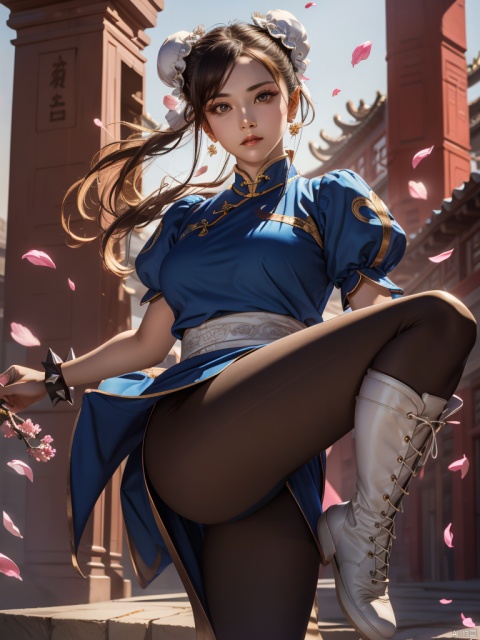  1gril,(solo:1.2),chunli,(brown eyes),brown hair,(bun cover),double bun,eyeliner,hair bun,lipstick,makeup,pink lips BREAK blue dress,boots,bracelet,brown pantyhose,china dress,chinese clothes,cross-laced footwear,dress,gold trim,jewelry,pelvic curtain,puffy sleeves,sash,short sleeves,side slit,spiked bracelet,spikes,white boots,(looking at viewer:1.2),outdoors,(high_kick:1.2),upper body,
(masterpiece:1.2),high resolution,unity 8k wallpaper,(beautiful detailed eyes:1.2),perfect lighting,extremely detailed CG,(perfect hands, perfect anatomy),(illustration:0.8),best quality,(detailed face:1.2),(Petals flying:1.2)