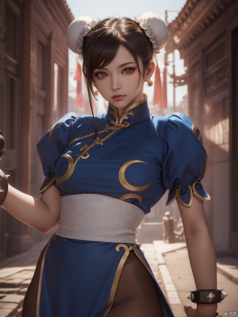 chunli,(brown eyes),brown hair,(bun cover),double bun,eyeliner,hair bun,lipstick,makeup,pink lips BREAK blue dress,boots,bracelet,brown pantyhose,china dress,chinese clothes,cross-laced footwear,dress,gold trim,jewelry,pantyhose,pelvic curtain,puffy sleeves,sash,short sleeves,side slit,spiked bracelet,spikes,white footwear,looking at viewer,upper_body,outdoors,(masterpiece:1.2),high resolution,unity 8k wallpaper,(beautiful detailed eyes:1.2),extremely detailed face,perfect lighting,extremely detailed CG,(perfect hands, perfect anatomy),(illustration:0.8),best quality , chun li