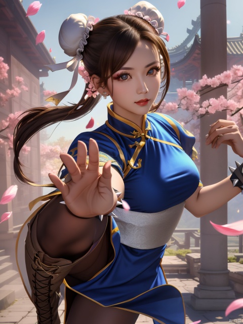  1gril,(solo:1.2),chunli,(brown eyes),brown hair,(bun cover),double bun,eyeliner,hair bun,lipstick,makeup,pink lips BREAK blue dress,boots,bracelet,brown pantyhose,china dress,chinese clothes,cross-laced footwear,dress,gold trim,jewelry,pelvic curtain,puffy sleeves,sash,short sleeves,side slit,spiked bracelet,spikes,white boots,(looking at viewer:1.2),outdoors,(high_kick:1.2),upper body,
(masterpiece:1.2),high resolution,unity 8k wallpaper,(beautiful detailed eyes:1.2),perfect lighting,extremely detailed CG,(perfect hands, perfect anatomy),(illustration:0.8),best quality,(detailed face:1.2),(Petals flying:1.2)