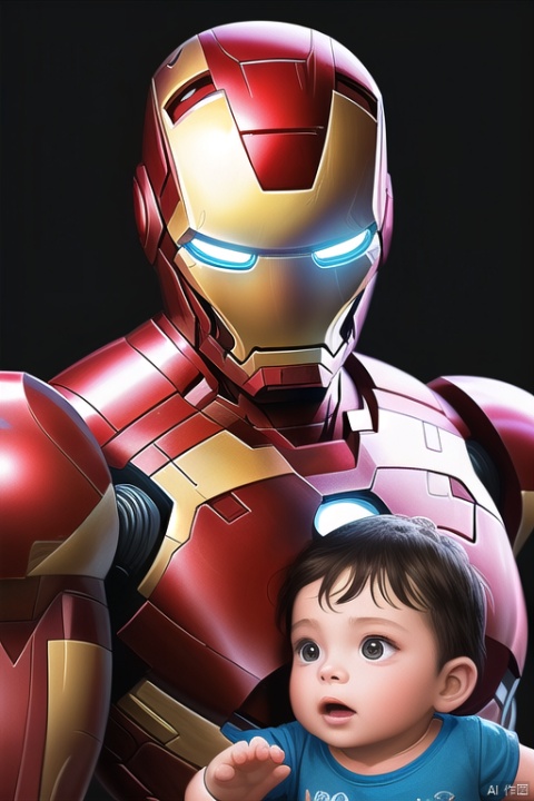  Iron Man is holding a 2-year-old boy, black background, bright lighting,
portrait photography, realistic photos, highest quality, masterpiece,ultra-high resolution --ar 4:3
