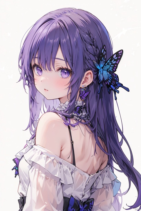  anime style,anime screen,1girl, solo, purple eyes, long hair, white background, looking at viewer, jewelry, simple background, earrings, blush, white hair, bangs, braid, upper body, bare shoulders, looking back, parted lips, off shoulder, hair ornament, ribbon, long sleeves, shirt, dress, hair ribbon, white shirt, frills,(butterfly)