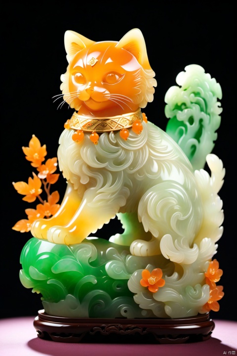  (masterpiece, top quality, best quality, official art, beautiful and aesthetic:1.2),a large cat,(made of orange jade:1.3),golden carving,very beautiful, aesthetic,crystal, surface polished natural gloss, very transparent and beautiful, emerald material, pink fantasy, feicuixl