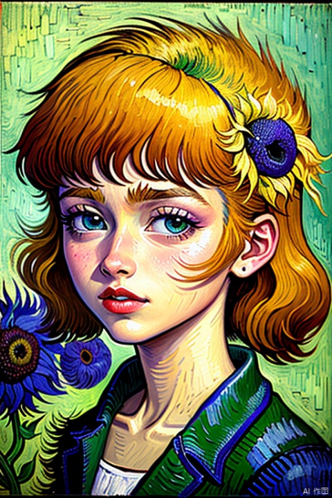 Intense oil painting effects,Van Gogh,flower,beautiful girl