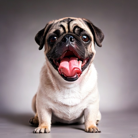 best quality, masterpiec8K.HDR.Intricate details,ultra detailed,8k,masterpiece, best quality,no humans, full body,  realistic, animal focus,  looking at viewer, brown eyes, animal, dog, tongue, gradient, simple background, open mouth, tongue out