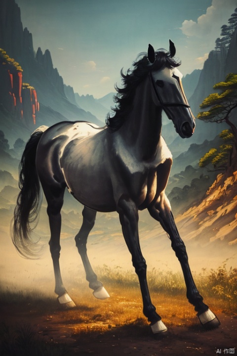 best quality,masterpiec8K.HDR.Intricate details,ultra detailed,8k,masterpiece,best quality,Chinese painting,landscape painting,darw,horse,solo,no humans
