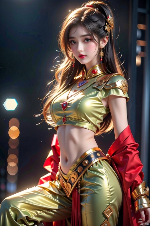  4k, office art, 1girl with green armor, decorated with complex patterns and exquisite lines, k-pop, blue eyes, dark red lips,Navel,