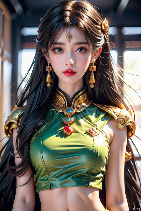  4k, office art, 1girl with green armor, decorated with complex patterns and exquisite lines, k-pop, blue eyes, dark red lips,Navel,