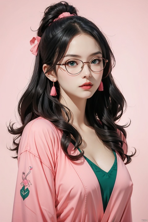 1 girl, emerald color eyes, wear red glasses, mature lady, big chest, flamingo in the back, copy character, change background, high_resolution, high_res, high details, High detailed, ,More Detail, EpicArt, fantasy00d, Detailedface, Xiaolan, nezha, 372089, tian_qi_ji, pink fantasy