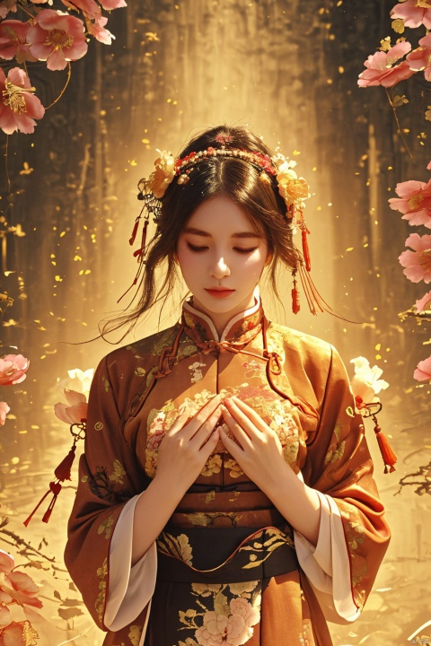 Bpwc,1girl, solo, black hair, closed mouth, closed eyes, flowers, eyelashes, makeup, close, lea, Chinese clothing, Chinese clothes, ink scattered in Chinese style, unwritten nature limited edition of beautiful women
