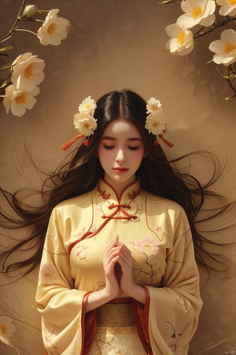 Bpwc,1girl, solo, black hair, closed mouth, closed eyes, flowers, eyelashes, makeup, close, lea, Chinese clothing, Chinese clothes, ink scattered in Chinese style, unwritten nature limited edition of beautiful women