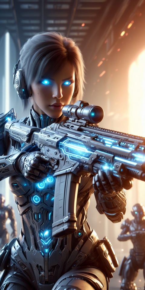  a realistic action shot of a female fantasy game cyborg wielding a glowing futuristic assault rifle aiming at the camer, futuristic labb in background, HD, masterpiece, best quality, hyper detailed, ultra detailed, Assault Rifle