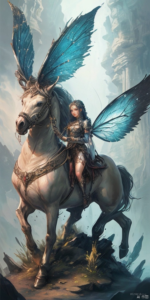 1girl,horsebackriding,Metal wings,Fairy, crystal,jewels,Knight