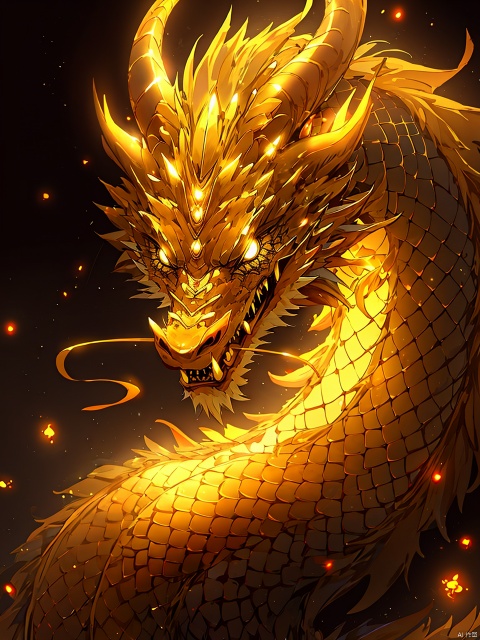  eastern dragon, horns, scales, no humans, glowing, solo, open mouth, dragon horns, yellow eyes, glowing eyes, fangs, (\long wang ga ma\)