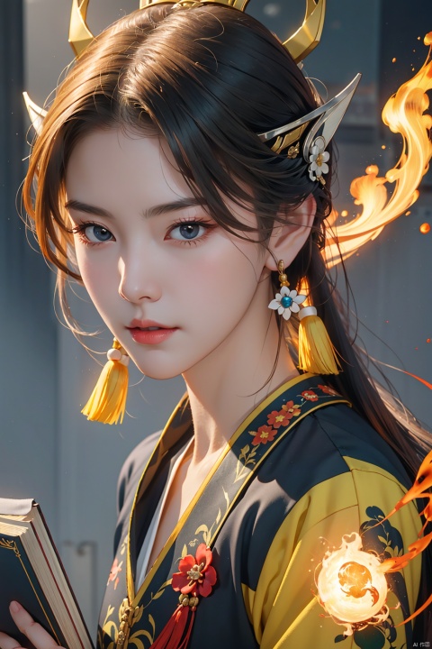 1 girl,{{Floating Fire Magic Spell and a burst of flam}},book,looking at viewer,close-up, cowboy shot,cinematic lighting, volume lighting, light particlestachie,dynamic angle ,ray tracing,, best quality, amazing quality, very aesthetic, absurdres, Xiaolan, nezha, tian_qi_ji, ycbh, aoguang