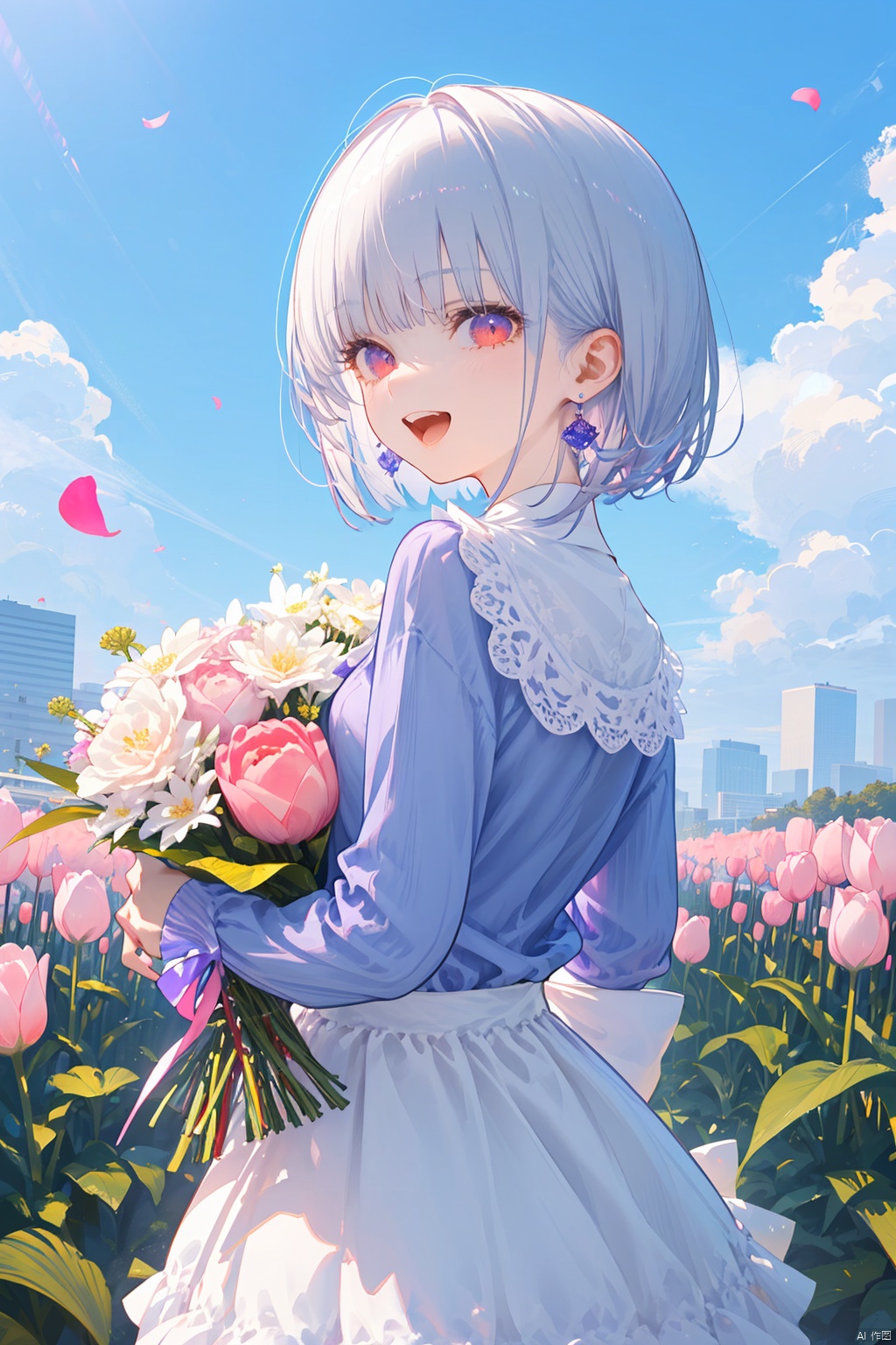  nai3,1girl,white hair,red eyes,1girl, solo, flower, tulip, open_mouth, earrings, jewelry, smile, short_hair, looking_at_viewer, bow, holding, skirt, :d, pink_flower, looking_back, long_sleeves, bouquet, teeth, bangs, grey_skirt, upper_teeth_only, outdoors, purple_shirt, holding_bouquet, layered_skirt, purple_bow, day, shirt, purple_skirt, sky, from_behind,best quality, amazing quality, very aesthetic
