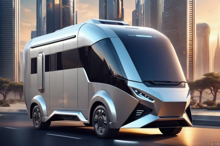 caravan, Single complete work, FANTASY, Metal texture, simple color, the mixture between cars and buildings, Future city background, concept car, motor home, front view,  cybertruck, Simple skin, science fiction, mechanical, modern technology, robot, masterpiece,  best quality, Effective 3D product rendering style., future, in the style of LeCinematique